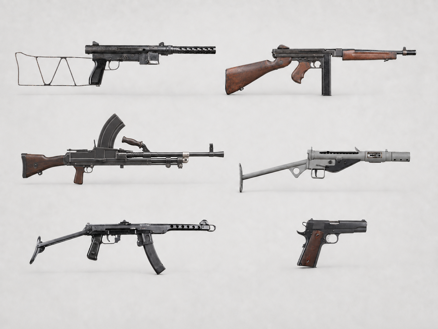 WW2 shooting package featuring MP40, Thompson, Bren, STEN, PPS-43 and 1911